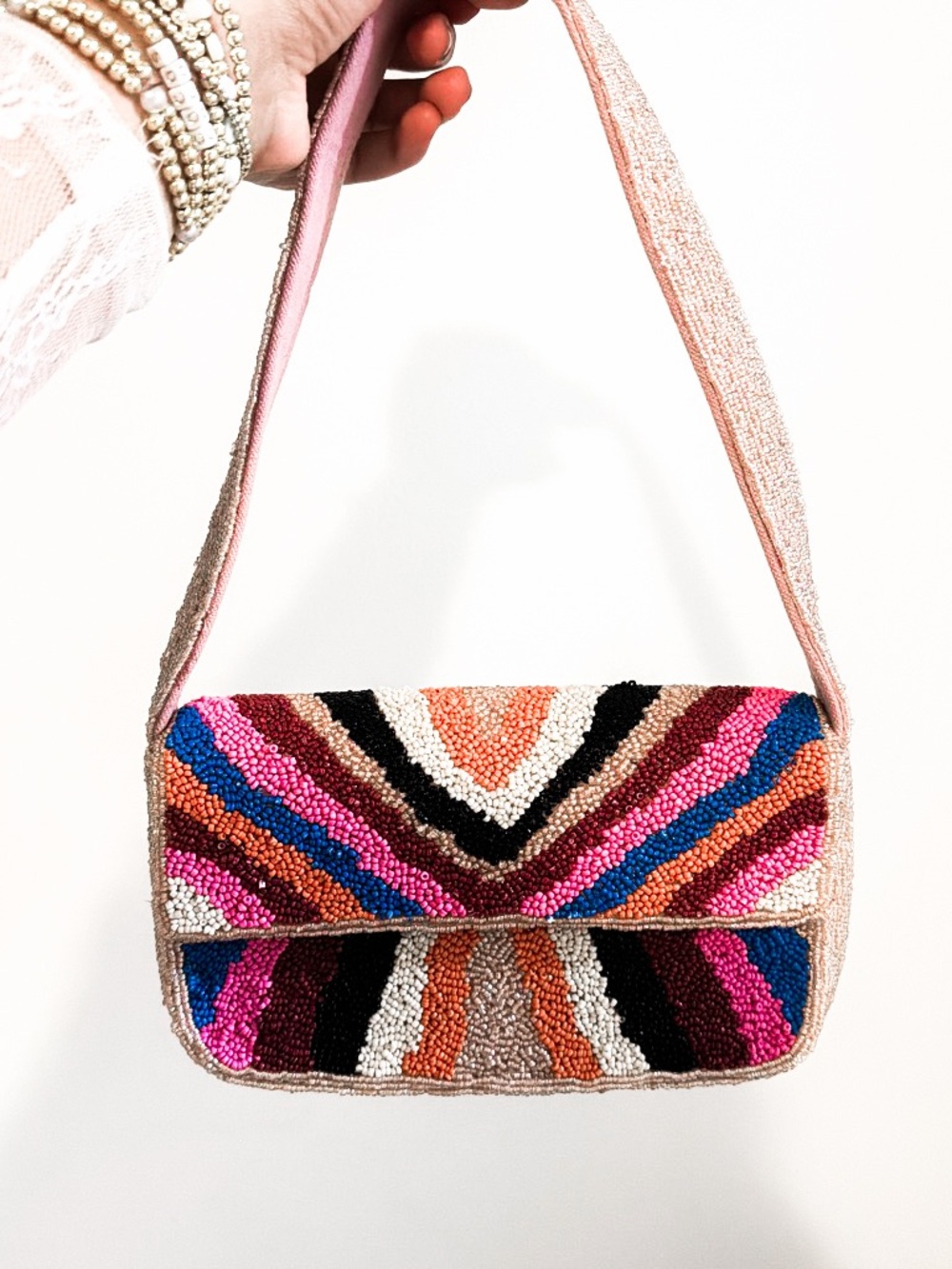 Multicolor Beaded Mini Shoulder Bag - Pink & Blue Accents